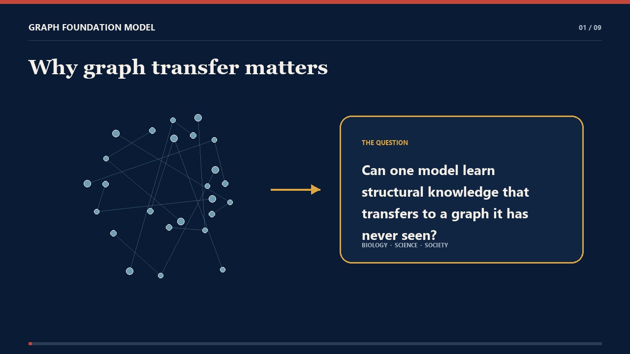Graph Foundation Model: structural topology transferred across unseen graphs.